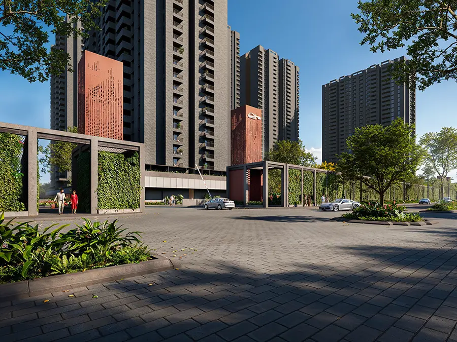 Landscaped entrance plaza with green screens and residential towers at Assetz Codename Twin Lake City