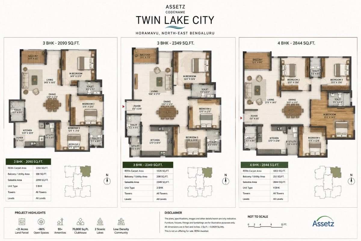 Indicative floor plans for the 2,090 sq.ft. and 2,349 sq.ft. 3 BHK and the 2,844 sq.ft. 4 BHK residences