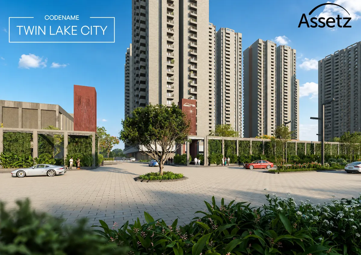 Artistic impression of the tower elevations and entrance plaza at Assetz Codename Twin Lake City, Horamavu