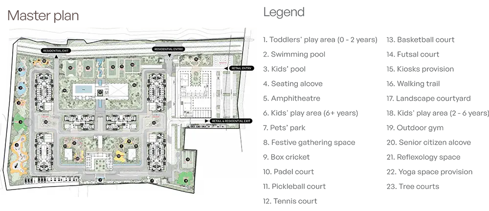 Indicative master plan of Assetz Codename Twin Lake City showing towers, courtyards, sports courts and the retail block