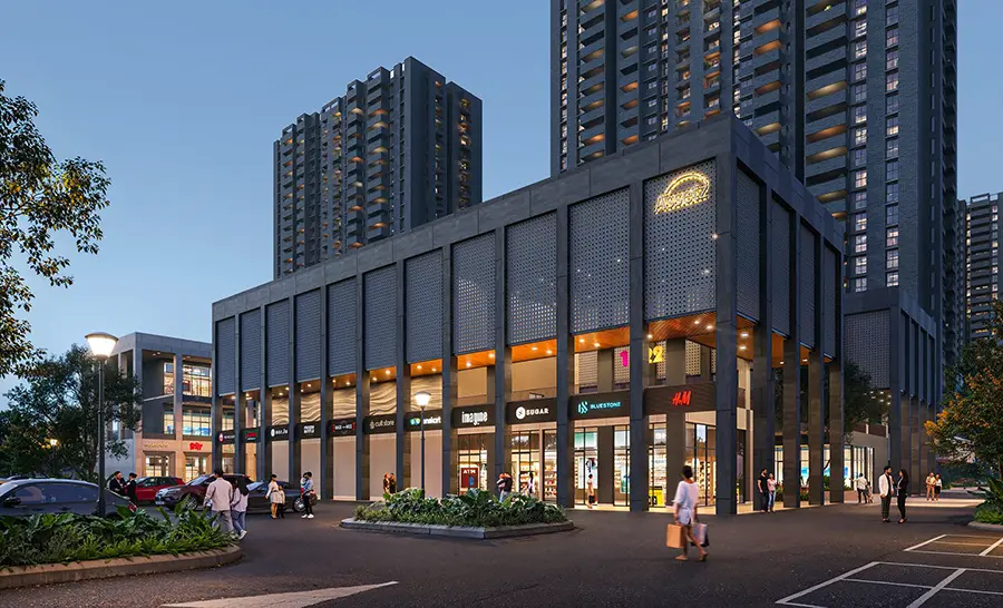Representative visual of the retail plaza and shopfronts within the development at dusk